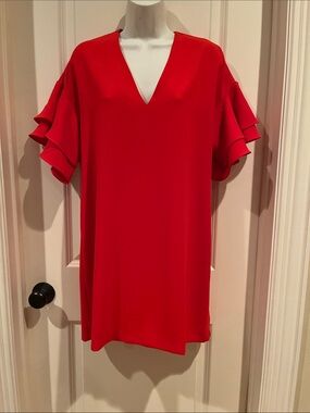 ZARA WOMAN RED RUFFLE BOXY SHIFT MINI DRESS SZ SMALL 4- 6